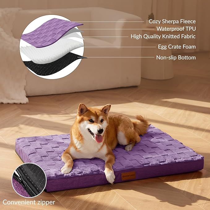 Patas Lague Orthopedic XL Dog Bed Large Sized Dog 48''X30'', Waterproof Soft Comfortable Egg Crate Foam Large Pet Beds Crate Mat with Removable Washable Cover and Nonskid Bottom, Pueple