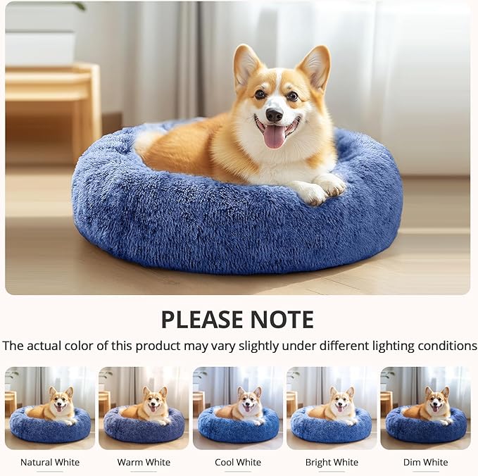 JOLLYVOGUE Medium Calming Dog Bed, Anti-Anxiety Donut Cuddler Cat Bed with Anti-Slip Bottom, Fluffy Faux Fur Machine Washable Pet Cushion for Medium Large Dog & Cat (31")