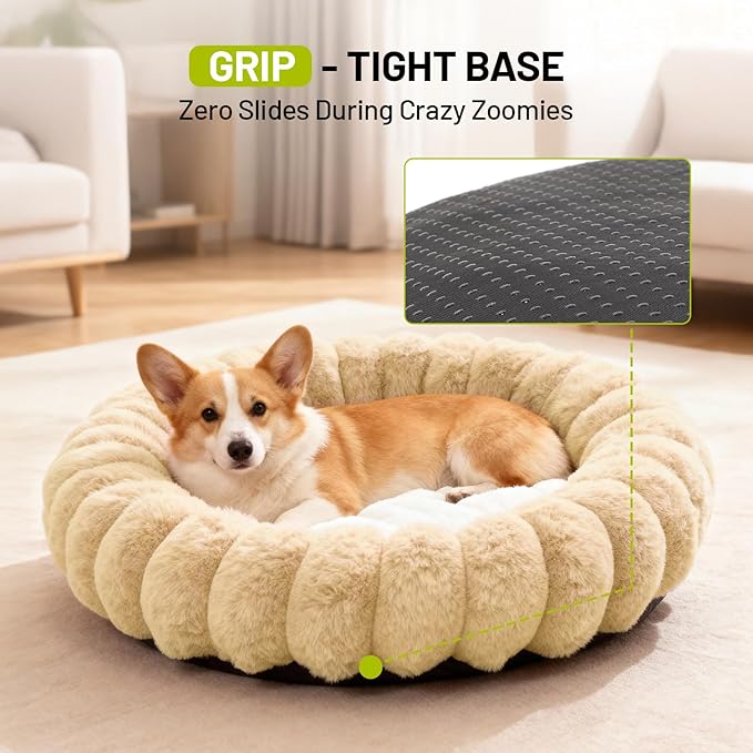 Cloudsoft Flower Cat Bed and Dog Bed, Washable Plush Pet Bed with Non-Slip Water-Resistant Bottom, Faux Furfor Cats & Small Dogs Up to 33 lbs, 29.9"x29.9" (Light Beige)