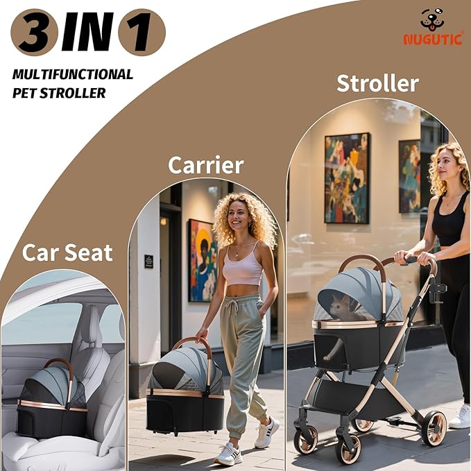 Pet Stroller with 4 Wheels, Dog Stroller with Detachable Carrier, One-Click Folding Pet Travel Carrier for Small, Medium Dogs Cats up to 50lbs, 3 in 1 Multifunctional (Cerulean)