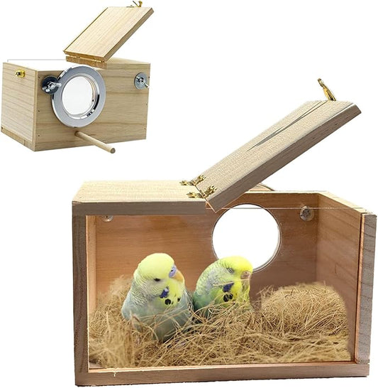 Parakeet Nesting Box, 7.87 X 4.72 X 4.72 inch Transparent Bird Nest Breeding Box with Perch Parrot Mating Box Wood Bird House Aviary for cage (S Horizontal Transparent+Wood)