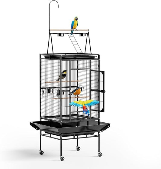 VINGLI Bird Cage, 83 Inch Wrought Iron Bird Cage with Play Top, Rolling Parakeet Cage for Cockatiels Lovebird Finches Canaries