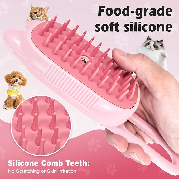Cat Steam Brush for Shedding, Spritz Defur Comb 3 in 1 Pet Rechargeable Steam Brush Tool for Long and Short Haired Cats and Dogs, Anti-Static, Shedding, Detangling, Massage & Combing (pink)
