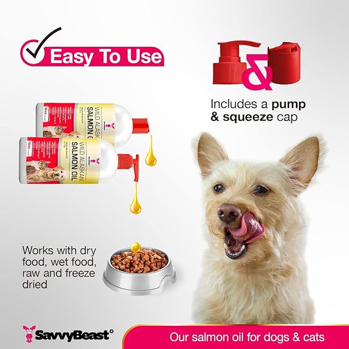 SavvyBeast Wild Alaskan Salmon Oil for Dogs, Cats & Ferrets – Omega-3 Fish Oil Pet Supplement with EPA & DHA – Supports Skin, Coat, Joints, Heart, Brain, Itch Relief & Immune – Unscented – 16 oz