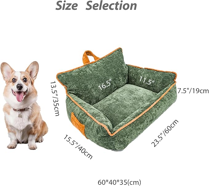 Small Orthopedic Dog Sofa Bed with Sides, Carry Handle & Side Pockets .Plush Chenille Orthopedic Pet Bed Couch for Small Breed Dogs & Cats .Portable Snuggler for Indoor Use, Travel & Recovery