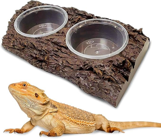 PINVNBY Double Gecko Feeder Bowl Resin Rock Reptile Water Dish with Feeding Cups Gecko Reptile Terrarium Tank Accessories for Bearded Dragons Leopard Lizard Snake Chameleon