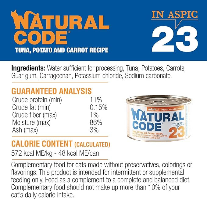 Natural Code Limited Ingredient Wet Cat Food Topper, High Protein, Low Fat, Additive-Free, Non-GMO, No Artificial Colors or Flavors, Tuna, Potato & Carrot in Aspic for Adult Cats, 24 Pack of 3oz Cans