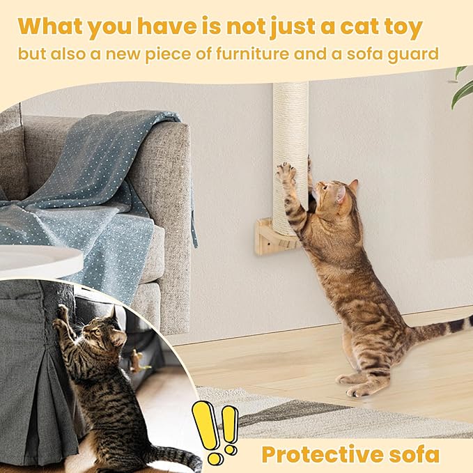 Wall-Mounted Cat Scratching Post with Hanging Ball, Cat Climbing Perch with Sisal & Plush, Space-Saving Cat Tree for Indoor Cats Adult