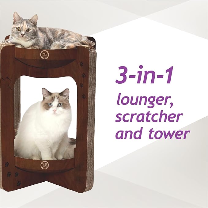 Necoichi Cat Scratcher Tower for Indoor Cats - Cat Scratching Post Lounger with Reversible Usability and Extra Comfort for Lounge, Cardboard Bed Couch / (Regular, Dark Cherry)