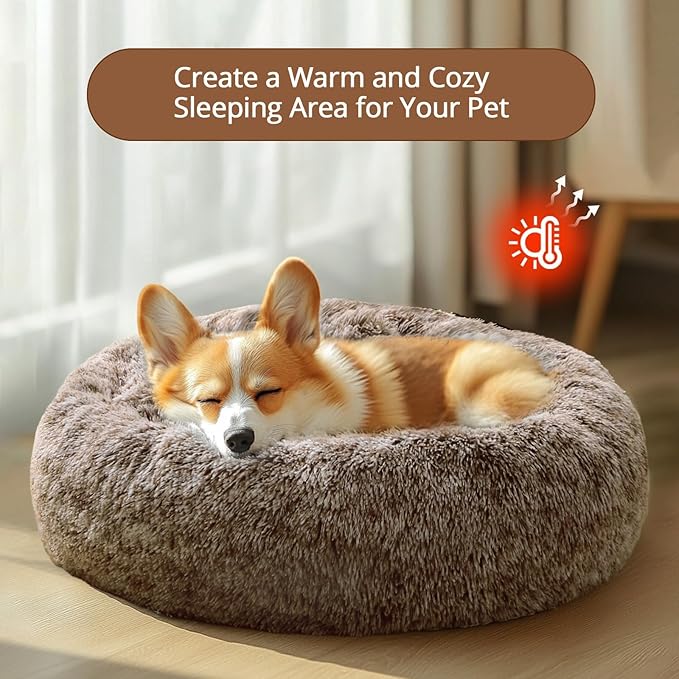 JOLLYVOGUE Large Calming Dog Bed, Anti-Anxiety Donut Cuddler Cat Bed with Anti-Slip Bottom, Fluffy Faux Fur Machine Washable Pet Cushion for Medium Large Dog & Cat, 36"/Smoke Brown