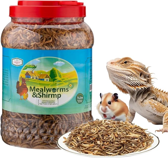 Amzey Shrimp & Mealworms 100% Non-GMO Dried Mealworms - High-Protein Meal Worm Treats - Perfect for Your Chickens, Ducks, Wild Birds, Turtles, Hamsters, Fish and Hedgehogs
