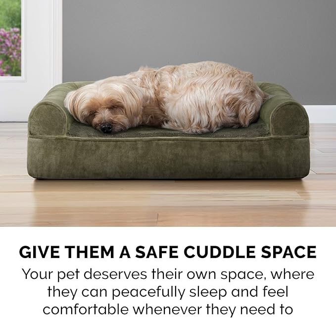 Furhaven Orthopedic Dog Bed for Large Dogs w/ Removable Bolsters & Washable Cover, For Dogs Up to 95 lbs - Faux Fur & Velvet Sofa - Dark Sage, Jumbo/XL