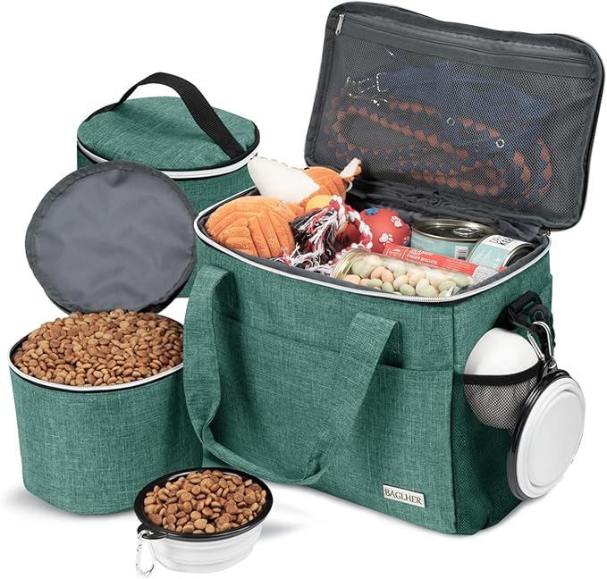 BAGLHER Dog Travel Bag Backpack Pet Supplies Backpack Pet Accessories Storage Bag 5-Piece Set with Shoulder Strap 2 Lined Pet Food Containers 4 Foldable Feeding Bowls Essential Kit for Pet Travel