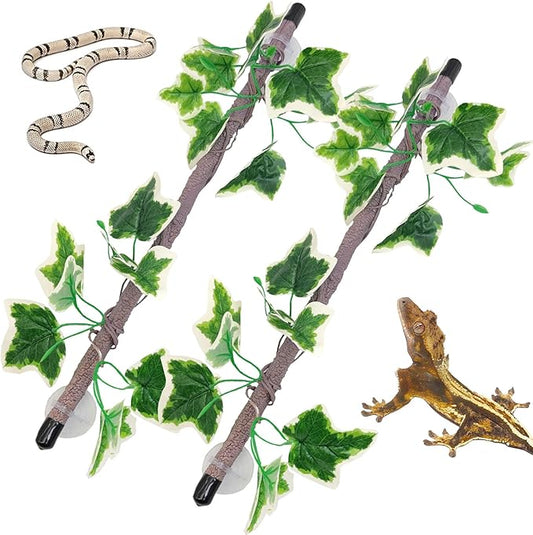 VCEPJH Reptile Climbing Branch Decor 2 Pcs Bendable Jungle Vine with Suction Cup Terrarium Plant Decoration for Gecko Bearded Dragons, Snake,Frogs, Chameleons Cage Accessories (V)
