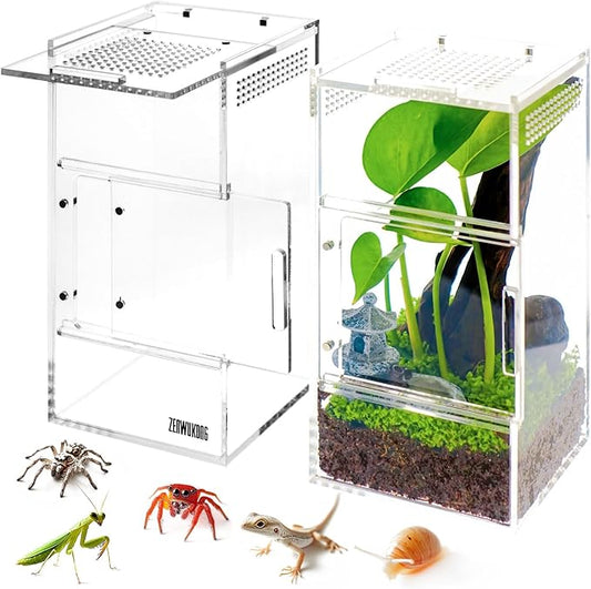 Jumping Spider Enclosure - Acrylic Terrarium Habitat for Spiders, Tarantulas, Snail, Mantis, Lizard, and Small Reptiles, Magnetic Doors (3x3x6 inch)