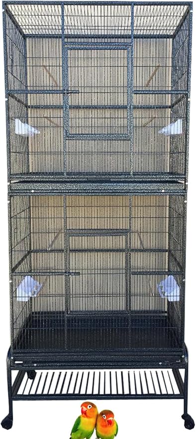 X-Large Double Stacker Wrought Iron Cage Bird Flight Parrot Breeding Breeder Cage Side Breeding Door Easy Clean Pull Out Tray Removable Rolling Stand Cockatiel Conure Canary Aviary Finches Budgies