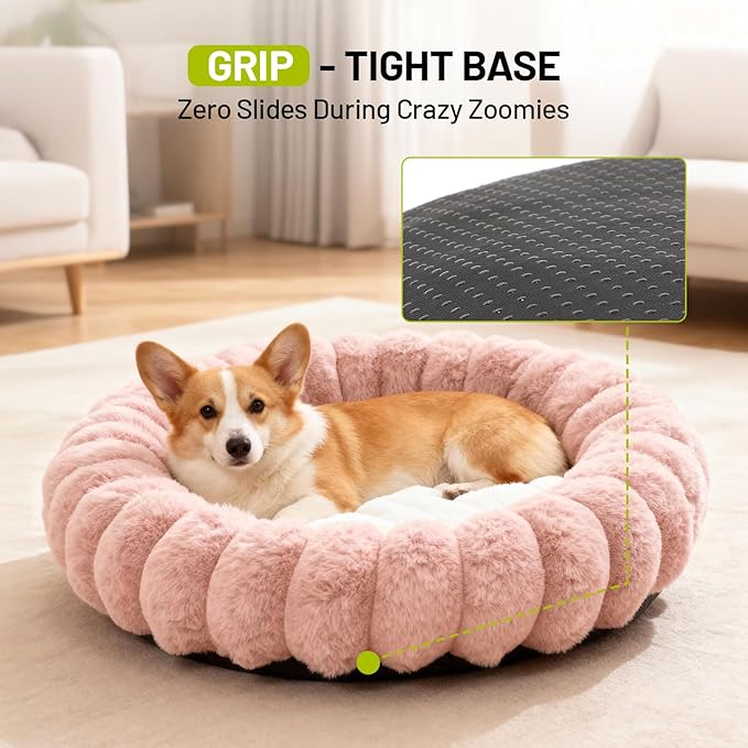 Cloudsoft Flower Cat Bed and Dog Bed, Washable Plush Pet Bed with Non-Slip Water-Resistant Bottom, Faux Furfor Cats & Small Dogs Up to 22 lbs, 22.8"x22.8" (Pink)