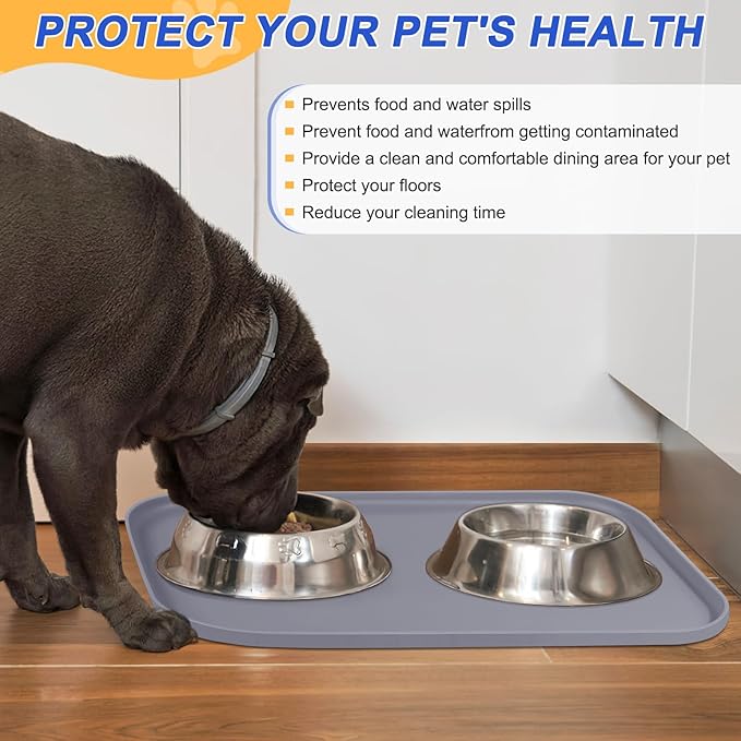 Silicone Pet Feeding Mat with Raised Edge for Food and Water, Dog Bowl Mats, Cat Bowls Placemat with High Lip for Floor Waterproof, Rubber Tray for Cats and Dogs 19 x 12 x0.7 Light Gray
