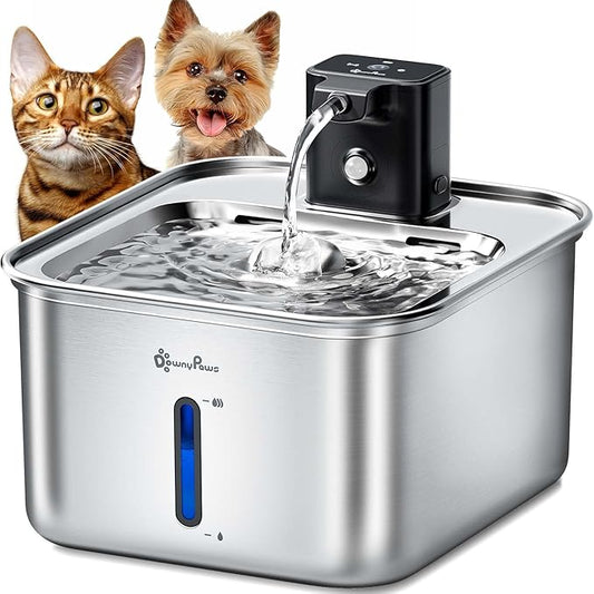 DownyPaws Cat Water Fountain Stainless Steel Wireless, 101 oz/3L FurSink Cordless Water Fountain for Cats, Battery Operated Cat Fountains for Drinking with Motion Sensor, Easy Clean, Metal