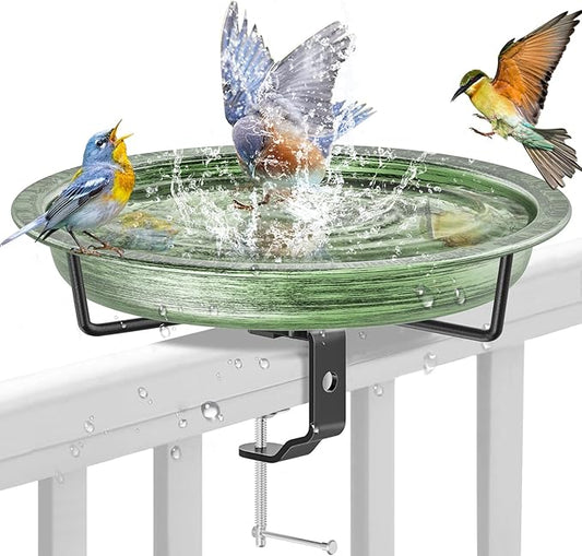Deck Mounted Bird Bath for Outside, Detachable Birdbath Bowl with Sturdy Clamp, Outdoor Bird Baths Bowl for Attracting Birds Garden Yard Decor (Retro Green)
