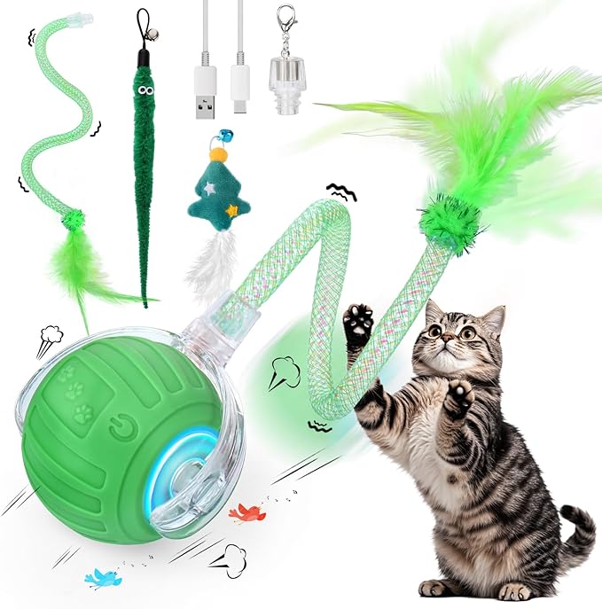 Interactive Cat Toy Ball - Christmas Cat Toys for Indoor Cats with Feather Tails for Chasing, Moving Stimulation Smart Cat Toy for Enrichment, Motion Activated Automatic Rolling Toys to Keep Them Busy