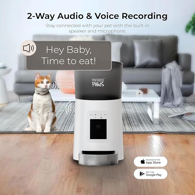 Smart HD Automatic Cat Feeder with 1080P Camera & Night Vision, 2-Way Audio, WiFi App Control, Anti-Jam 6L Pet Feeder with Battery Backup, Schedules Up to 15 Meals for Cat & Dog White Stainless Steel