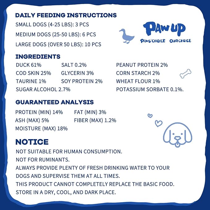PAWUP Cod Skin Dog Treats with Duck Dog Snacks High Protein and Omega-3, Natural Dog Chews w/Taurine, 12.5 oz