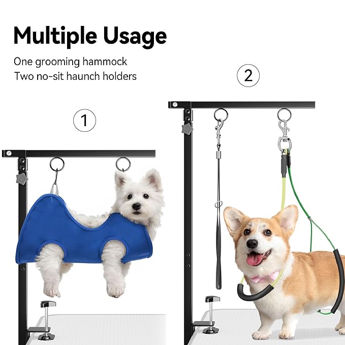 Foldable Dog Grooming Arm with Clamp: Adjustable Height 26"-40", Dog Grooming Table Arm with Hammock and No-Sit Holder, Grooming Restraint for Small Medium Dogs at Home or Salon