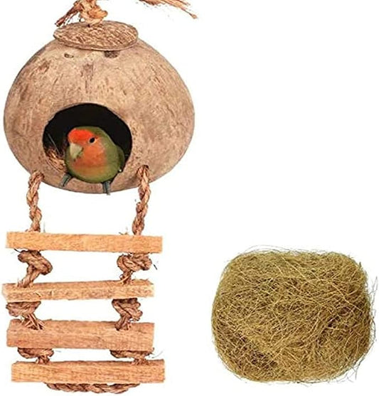 Tfwadmx Coconut Hide with Ladder, Natural Fiber Hanging Birdhouse Cage, Bird Shell Breeding Nest for Parrot, Parakeet, Lovebird, Finch, Canary (2 Pcs)