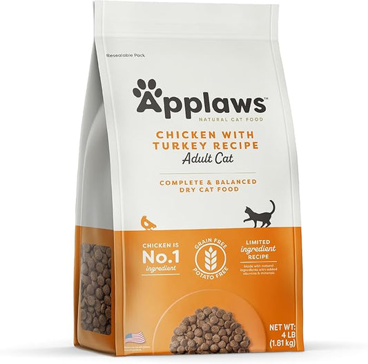 Applaws Complete Dry Cat Food, Grain-Free, Limited Ingredient with Added Vitamins & Minerals, Protein, Supports Digestion, Chicken & Turkey (4 Pound Bag)