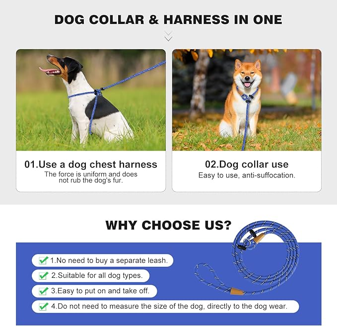 Lynxking No Pull Rope Dog Harness No Pull Reflective Leash Harness Collar 3 in 1 Dog Halter Harnesses Adjustable for Large Giant Dog (Blue, Small 3/8 inch)