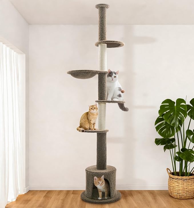 Made4Pets Floor to Ceiling Cat Tree 93-106'',Tall Cat Tower 5 Tiers, Adjustable Height, Stable Cat Tree Tower with Scratching Posts, Fluffy Condo, Hammock and Ball Toy for Indoor Cats/Kitten, Brown