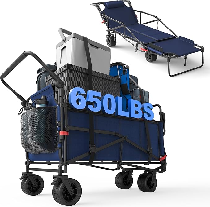 LEVELEVE Heavy Duty Folding Wagon - 2-in-1 Collapsible Cart, 650lb Capacity, All-Terrain Wheels w/Brakes & Side Pockets (Blue)