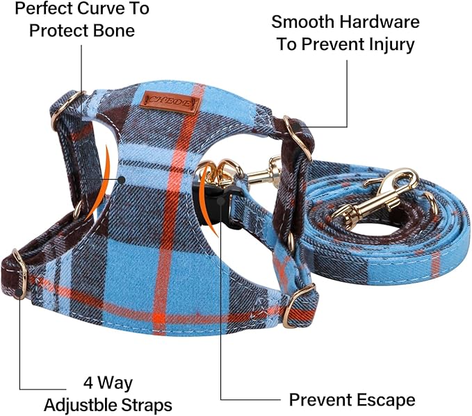 CHEDE No Pull Puppy Harness and Multifunction Dog Leash Set- 8 Colors Soft Adjustable No Choke Escape Proof Cute,Lightweight Pet Vest Harness for Small and Medium Dog (S, Blue Grid)