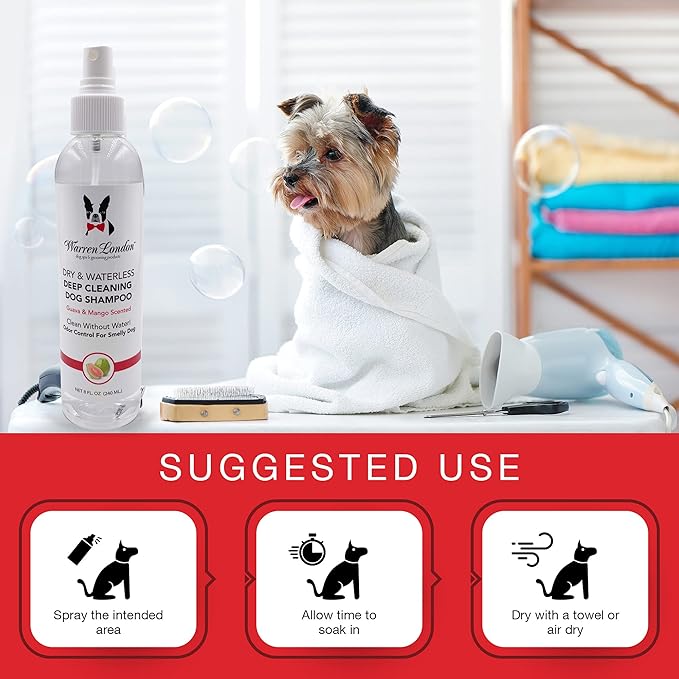 Warren London Dry & Waterless Shampoo for Dogs & Pets- No Rinse Dog Shampoo- Dog Dry Shampoo for Smelly Dogs- Waterless Shampoo Spray for Dogs- Waterless Pet Shampoo- Guava Mango Scent 8oz