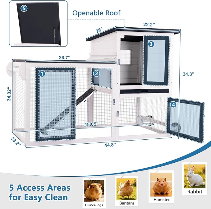Rabbit Hutch Indoor Bunny Cage Outdoor Chicken Coop with Wire Floor Slide Out Tray, Chew-Resistant Ramp & Entrance Openable Waterproof Roof & UV-Resistant Roof Handle Wheels