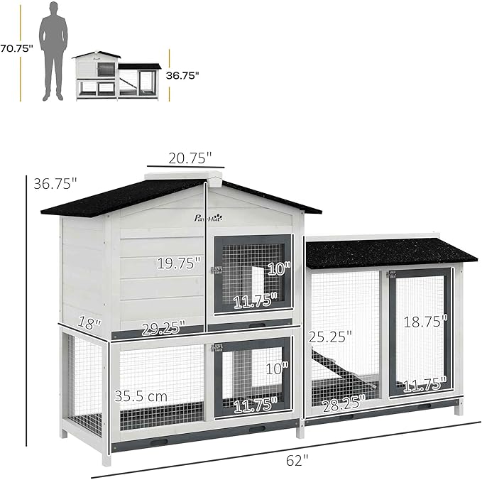 PawHut 62" Rabbit Hutch, Wooden Bunny Hutch, Guinea Pig Cage, Small Animal Enclosure with Run Area, Removable Tray, Asphalt Roof, Lockable Doors and Ramp, for Rabbits, Chickens, Ducks, White