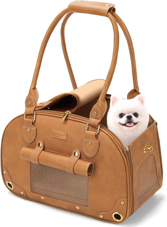 PetsHome Premium Leather Pet Carrier Purse for Cat and Small Dog - Waterproof Travel Portable Bag for Home & Outdoor Use - Small Brown