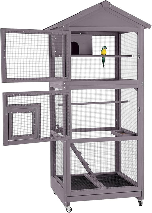 GUTINNEEN Bird Cage Outdoor Wooden Aviary Indoor, 70" H Large Parrot Cage with 4 Casters, Flight Bird Cages for Parrot Lovebirds Finches(Grey)