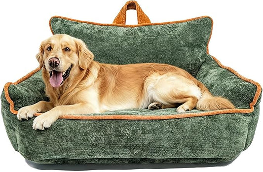 Large Orthopedic Dog Sofa Bed with Sides, Carry Handle & Side Pockets .Plush Chenille Orthopedic Pet Bed Couch for Large Dogs.Portable Snuggler for Indoor Use, Travel & Recovery (Green)