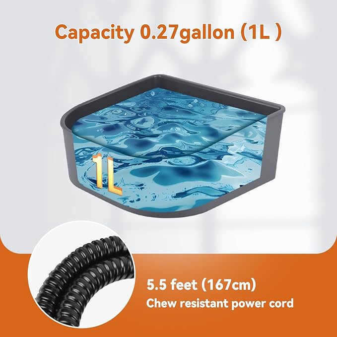 Dog Heated Water Bowl for Crate Cage No Freeze Water Bowl for Outdoor 0.27 Gallon Hanging Heated Water Dish for Dogs/Cats/Chickens/Birds/Rabbits, Grey
