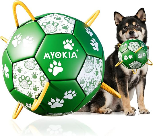 Size 2 Dog Soccer Ball with Straps Durable Training Ball for Pets Interactive Outdoor Dog Toy, Green & White, Paw Design, for Small & Medium Puppie