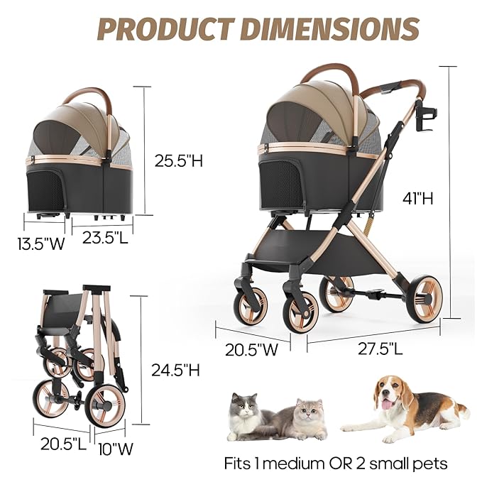 Pet Stroller with 4 Wheels, Dog Stroller with Detachable Carrier, One-Click Folding Pet Travel Carrier for Small, Medium Dogs Cats up to 50lbs, 3 in 1 Multifunctional (Khaki)