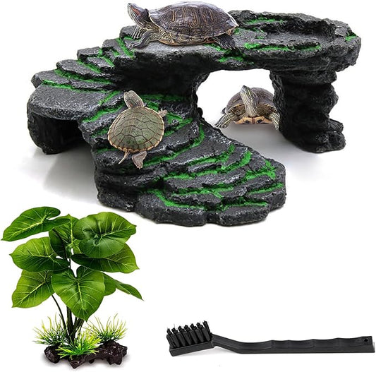 Turtle Basking Platform Kit, Reptile Habitat Hideout, Decorative Resin for Aquarium & Terrarium, Including Artificial Plant and Cleaning Brush. (B-Medium-Black)