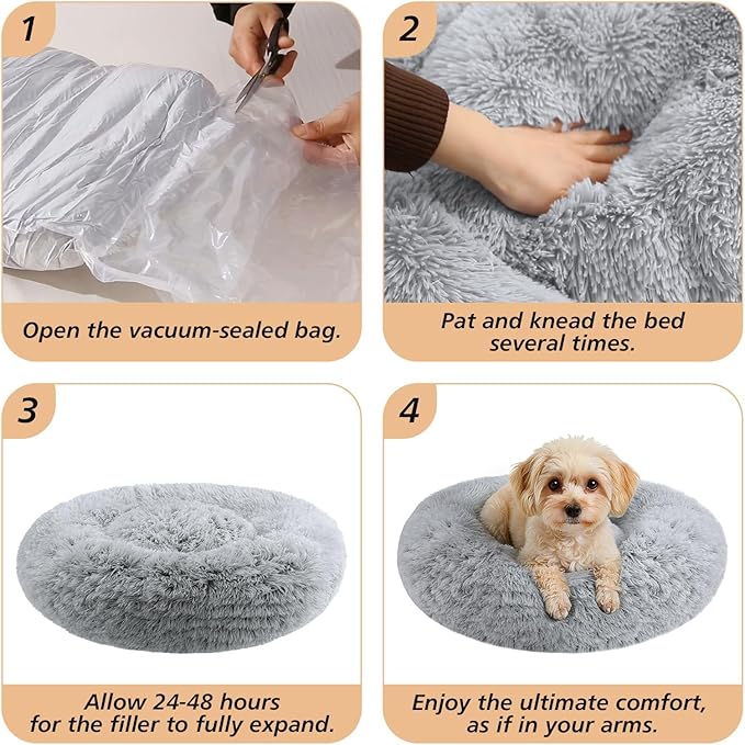JOLLYVOGUE Small Dog & Cat Beds for Indoor Cats, Donut Cuddler Warming Soft Dog Beds with Anti-Slip Bottom, Round Calming Fluffy Plush Faux Fur Cushion Bed for Small Medium Dogs (20", Smoke Grey)