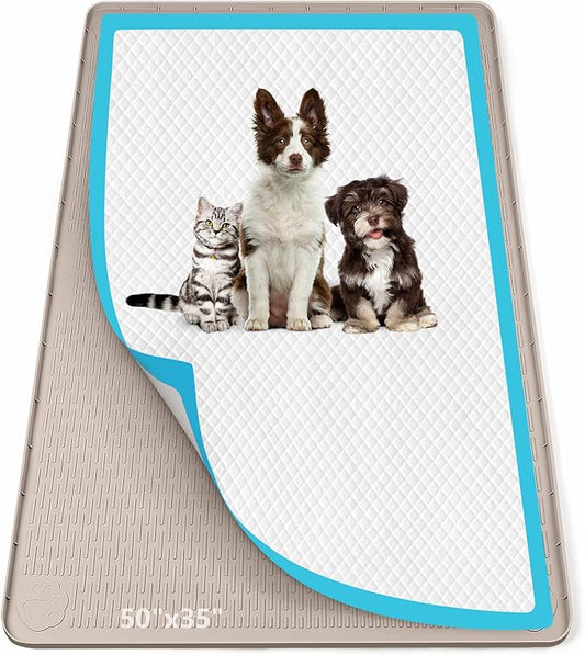 Pee Pad Holder for Dogs, 50" x 35" Silicone Pee Tray Mat Leak-Proof, High Edge, No Spill Pet Pad Holder for Puppy, Cat, Rabbit, Training Pads for Floor Protection, No Pee Pads (Khaki)