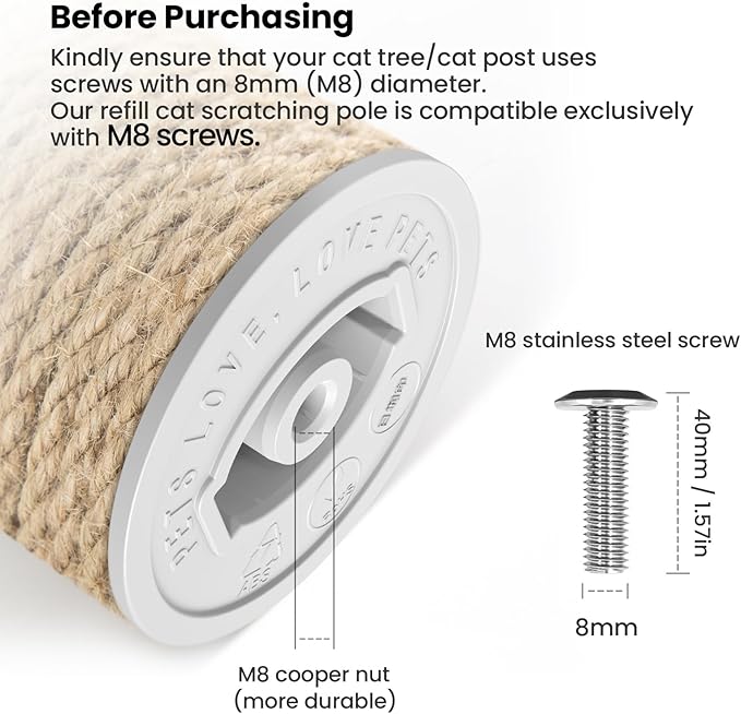SVD.PET Scratching Post Replacement, 17" x 2.95" Jute Rope Tree Replacement Post, Refill Scratcher Posts With M8 Screws for Indoor Cat Tree, Tower and DIY Scratcher (1PCS)