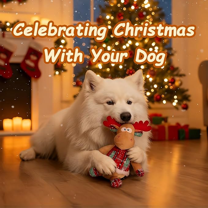 Rypet Christmas Reindeer Dog Toys Durable Plush Dog Toys with Crinkle Paper Interactive Dog Stuffed Squeaky Christmas Theme Toys for Puppy Small to Large Dogs Cleaning Teeth and Relieving Anxiety