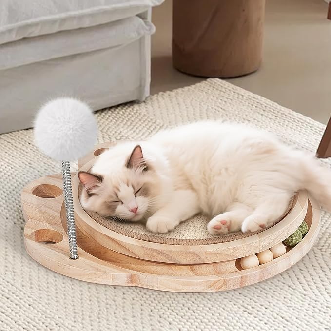 Cat Scratcher with Natural Sisal Pad, 3-in-1 Cat Scratching Board, 2-Tier Kitten Toys with Wooden Ball Track & Spring Ball -No Assembly Cats Activity Center, for Indoor and Outdoor
