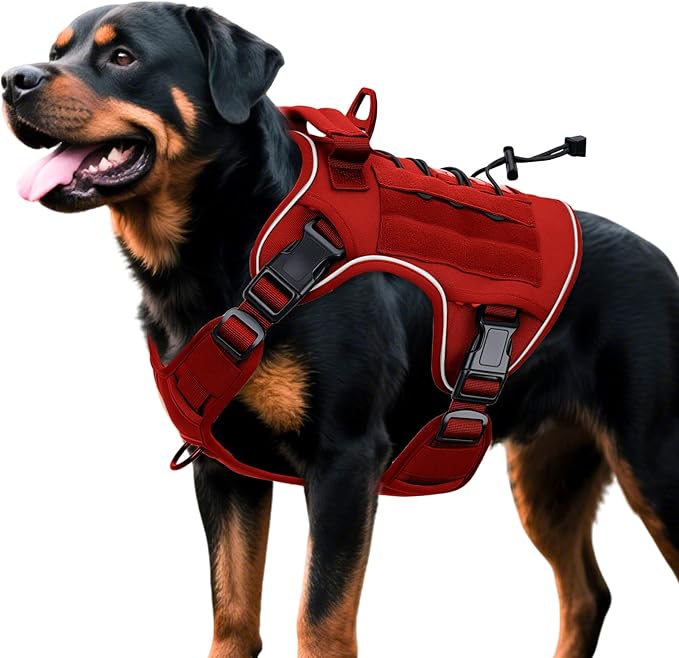 Heavy-Duty Tactical Dog Harness for Large Dogs, No Pull Adjustable Reflective Pet Vest with Molle System, K9 Military-Grade Control for Service Training, Outdoor & 10+ Breeds, Red, X-Large